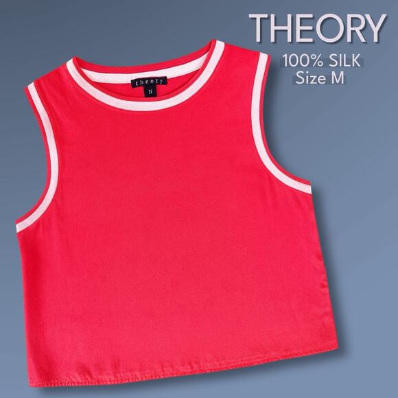 Theory Bonda Silk Tank Top Red White Trim Sleeveless Knit Collar Quiet Luxury M - Picture 2 of 13